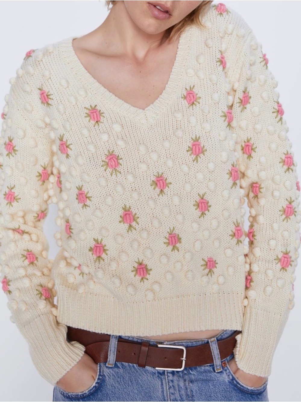 Zara Cream V-Neck Sweater with Pink Floral Embroidery